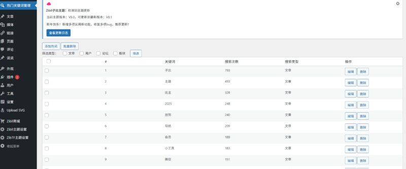 子比主题 - 后台关键词搜索管理代码 - 腾飞博客